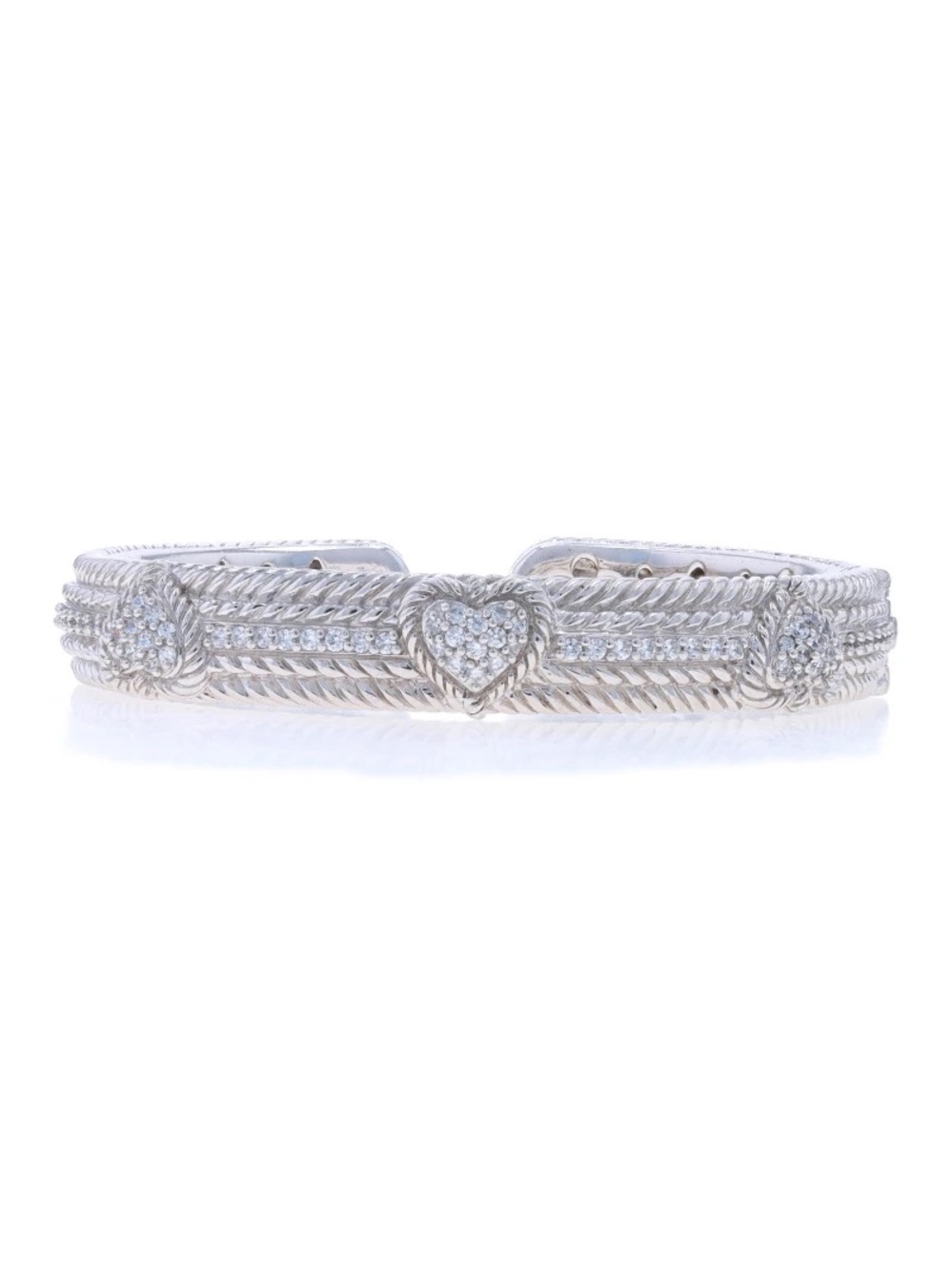 Judith Ripka Sterling Silver Hinged Cuff Bracelet w/ Cubic Zirconia Hearts